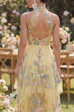 Robe Midi fleurie brodée à col jaune à col nu jaune