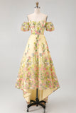 Robe de mariage jaune à épaules dénudées, ligne en A haute, basse et broderie, robe de mariage à manches bouffantes
