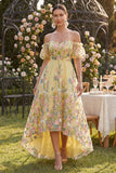 Robe fleurie brodée en tulle jaune à traînes dénudées, manches bouffantes