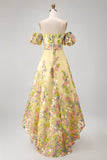 Robe de mariage jaune à épaules dénudées, ligne en A haute, basse et broderie, robe de mariage à manches bouffantes