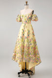 Robe de mariage jaune à épaules dénudées, ligne en A haute, basse et broderie, robe de mariage à manches bouffantes