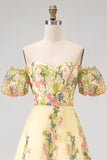 Robe de mariage jaune à épaules dénudées, ligne en A haute, basse et broderie, robe de mariage à manches bouffantes