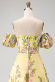 Robe de mariage jaune à épaules dénudées, ligne en A haute, basse et broderie, robe de mariage à manches bouffantes