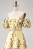 Robe de mariage jaune à épaules dénudées, ligne en A haute, basse et broderie, robe de mariage à manches bouffantes