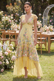 Robe fleuriste brodée en A jaune en tulle à manches courtes