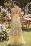 Robe fleuriste brodée en A jaune en tulle à manches courtes