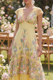 Robe fleuriste brodée en A jaune en tulle à manches courtes