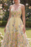Robe Midi fleurie jaune brodée en tulle