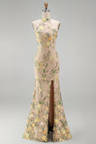 Robe longue fleurie brodée à col nu champagne sirène avec fente