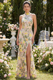 Robe longue fleurie brodée à col nu champagne sirène avec fente