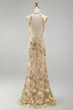 Robe longue fleurie brodée à col nu champagne sirène avec fente
