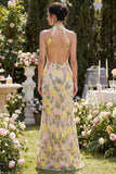 Robe longue fleurie brodée à col nu champagne sirène avec fente