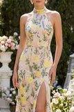 Robe longue fleurie brodée à col nu champagne sirène avec fente