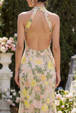 Robe longue fleurie brodée à col nu champagne sirène avec fente