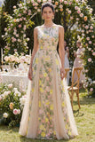 Longue robe fleurie brodée en tulle en tulle A-Line Champagne