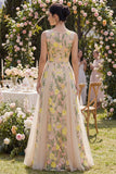 Longue robe fleurie brodée en tulle en tulle A-Line Champagne