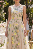 Longue robe fleurie brodée en tulle en tulle A-Line Champagne