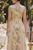 Longue robe fleurie brodée en tulle en tulle A-Line Champagne