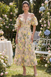 Robe midi fleurie brodée en tulle à épaules dénudées, champagne brodée à manches bouffantes