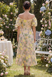 Robe midi fleurie brodée en tulle à épaules dénudées, champagne brodée à manches bouffantes
