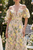 Robe midi fleurie brodée en tulle à épaules dénudées, champagne brodée à manches bouffantes