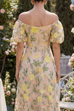 Robe midi fleurie brodée en tulle à épaules dénudées, champagne brodée à manches bouffantes