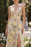 Longue robe fleurie brodée en tulle sirène avec champagne