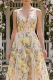 Corset midi à col en V brodé en tulle A-Line Champagne