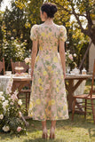 Robe midi fleurie brodée en A en tulle champagne à col en V avec manches bouffantes
