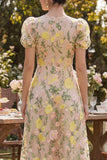 Robe midi fleurie brodée en A en tulle champagne à col en V avec manches bouffantes