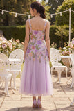 Robe midi fleurie brodée en tulle lilas à col carré brodé
