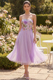 Robe midi brodée fleurie brodée en tulle lilas bretelles