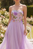 Robe midi brodée fleurie brodée en tulle lilas bretelles