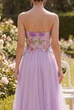 Robe midi brodée fleurie brodée en tulle lilas bretelles