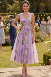 Robe midi fleurie midi brodée en tulle lilas ligne A