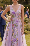 Robe midi fleurie midi brodée en tulle lilas ligne A