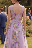 Robe midi fleurie midi brodée en tulle lilas ligne A