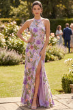 Robe longue fleurie brodée en tulle à col lilas lilas et fente