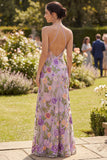 Robe longue fleurie brodée en tulle à col lilas lilas et fente