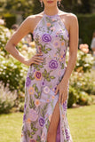 Robe longue fleurie brodée en tulle à col lilas lilas et fente
