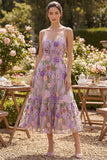 Robe fleurie midi brodée en tulle lilas A-Line