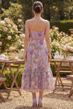 Robe fleurie midi brodée en tulle lilas A-Line