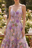 Robe fleurie midi brodée en tulle lilas A-Line