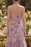 Robe fleurie midi brodée en tulle lilas A-Line
