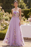 Robe longue fleurie brodée en tulle sans bretelles lilas