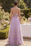 Robe longue fleurie brodée en tulle sans bretelles lilas
