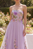 Robe longue fleurie brodée en tulle sans bretelles lilas