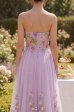 Robe longue fleurie brodée en tulle sans bretelles lilas