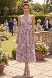 Robe midi fleur brodée en tulle à col en V lilas