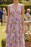 Robe midi fleur brodée en tulle à col en V lilas